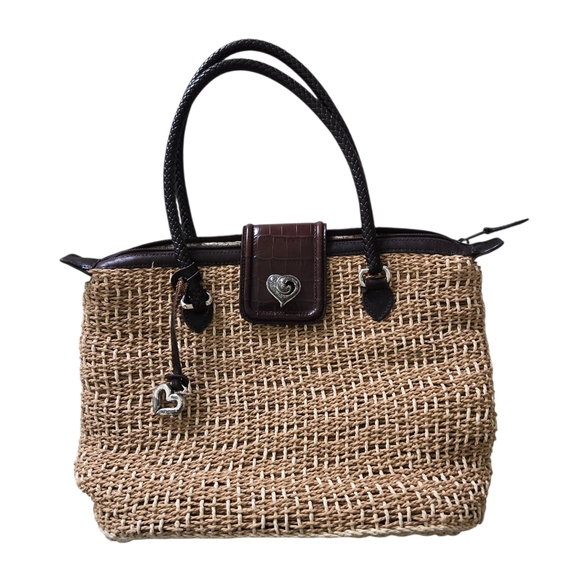 Brighton Straw Handbag Shoulder Bag Brown Leather Silvertone - Picture 2 of 11